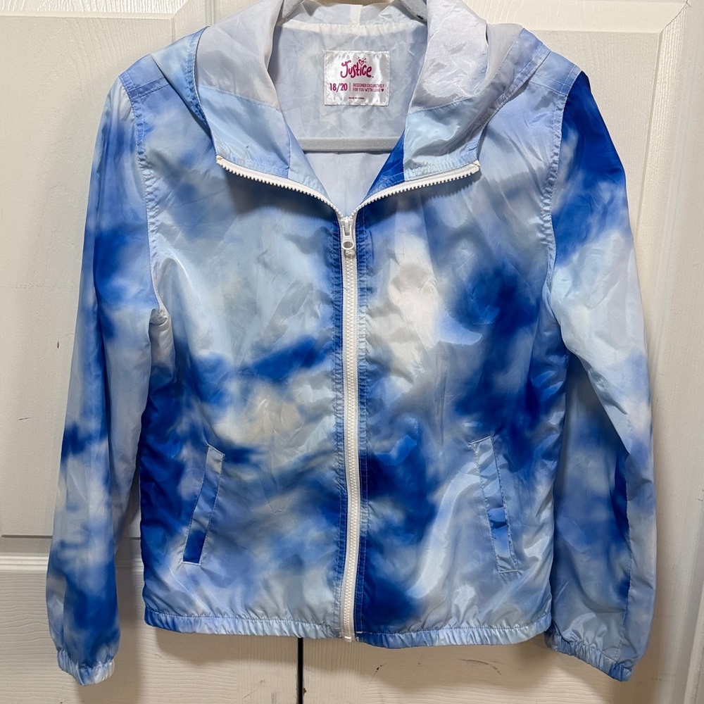 Justice Blue & White Tie-Dye Hooded Lightweight Jacket. Size 18/20